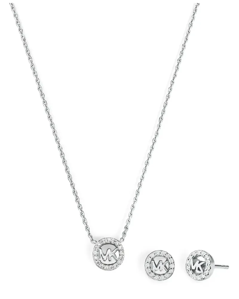 Michael Kors Fulton precious-metal plated sterling silver pavé-logo charm necklace and earrings gift set - Silber Silber