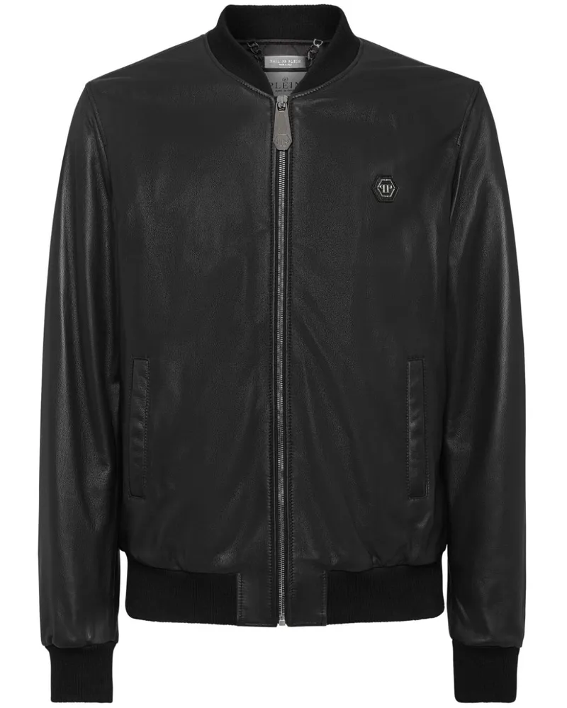 Philipp Plein Lederjacke mit Logo-Patch - Schwarz Schwarz