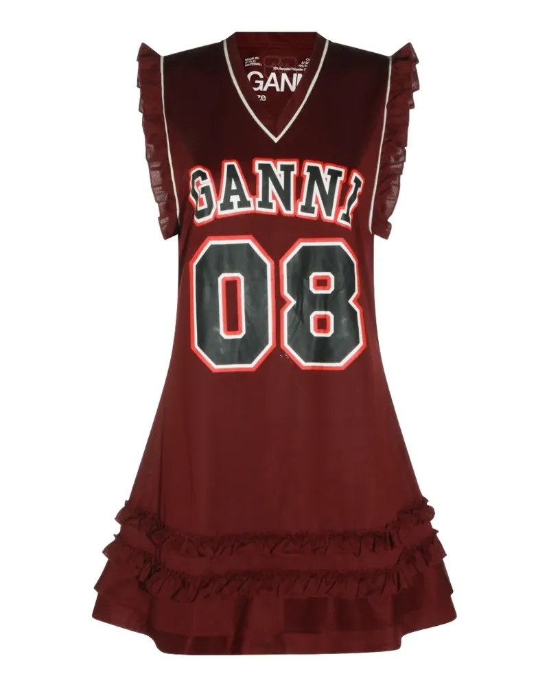 Ganni ruffle-trim logo-print mini dress - Rot Rot