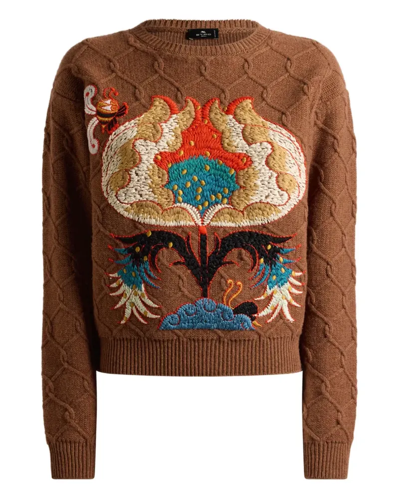 Etro Zopfmuster-Pullover mit Blumenstickerei - Braun Braun
