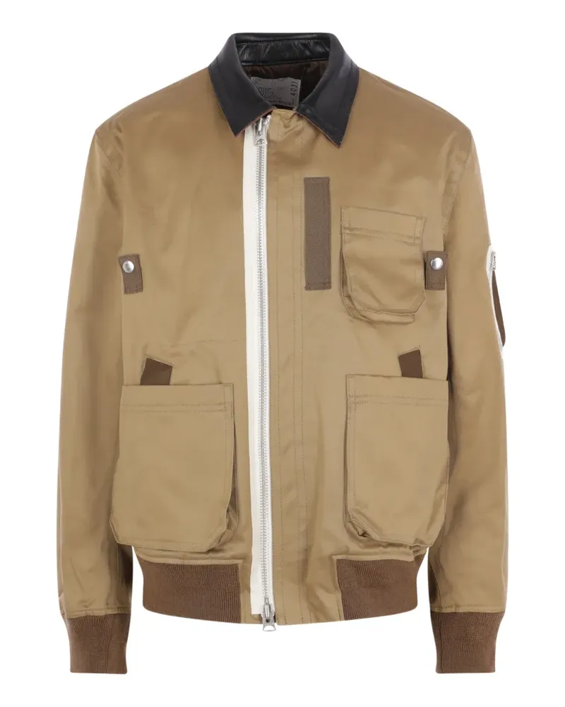 Sacai leather-collar zip-up jacket - Nude Nude