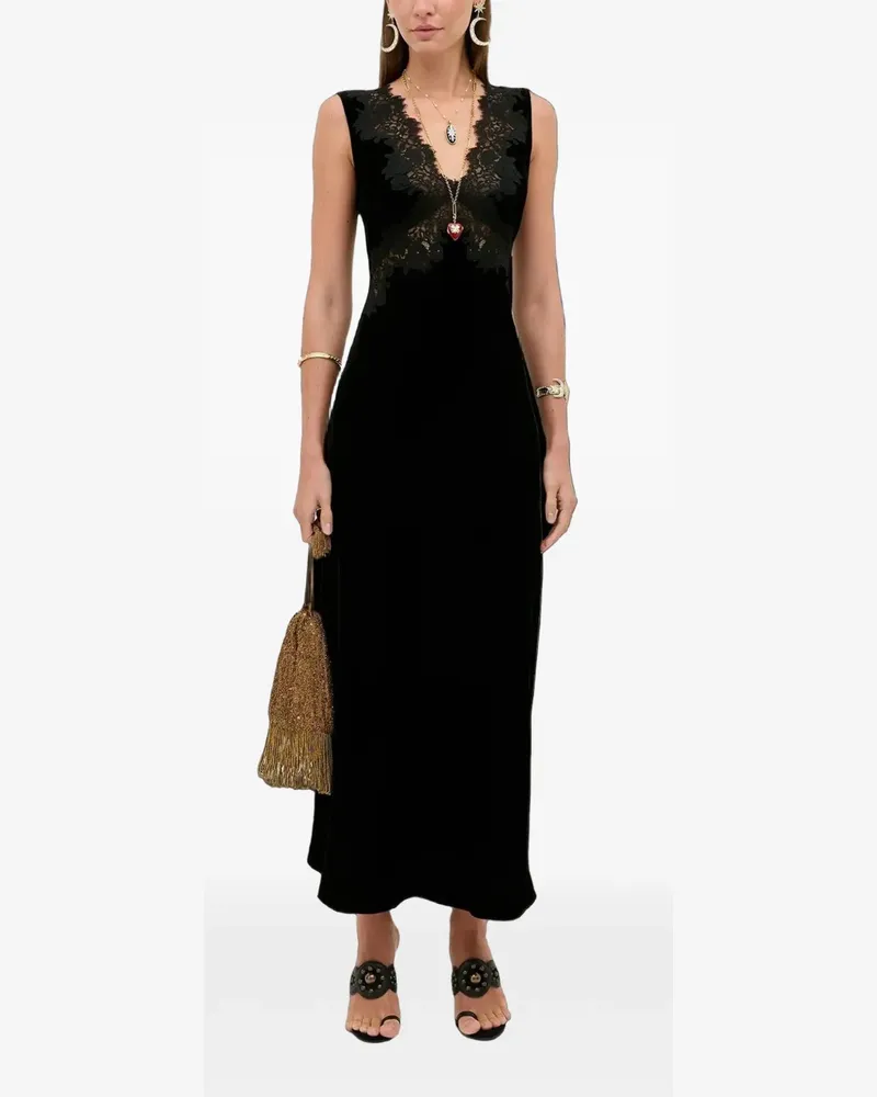 RIXO Lysandra Midikleid aus Samt mit Spitzenbesatz - Schwarz Schwarz