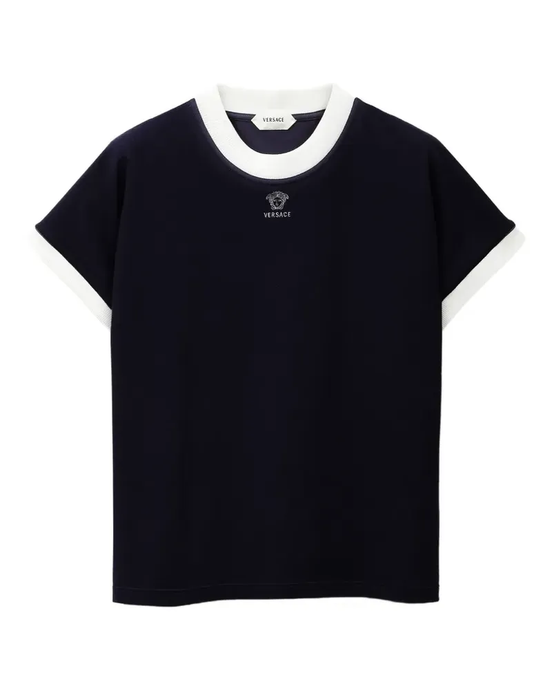 Versace Schmales T-Shirt aus Baumwolljersey mit aufgesticktem Logo - Blau Blau