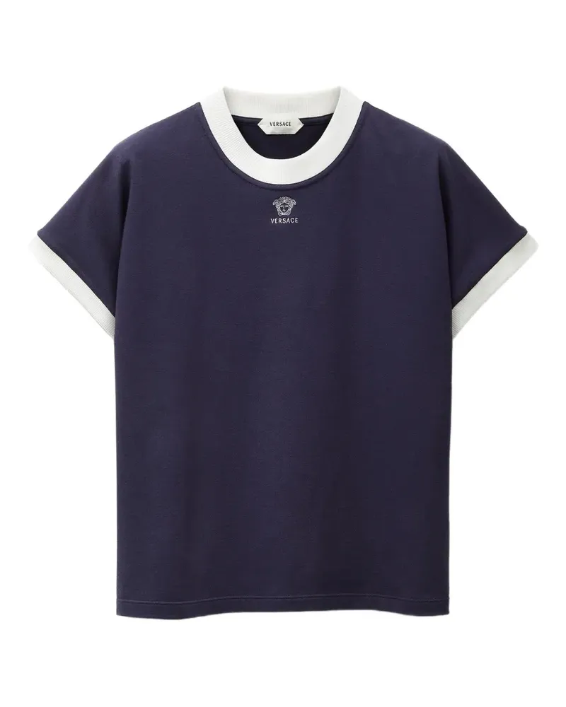 Versace Schmales T-Shirt aus Baumwolljersey mit aufgesticktem Logo - Blau Blau
