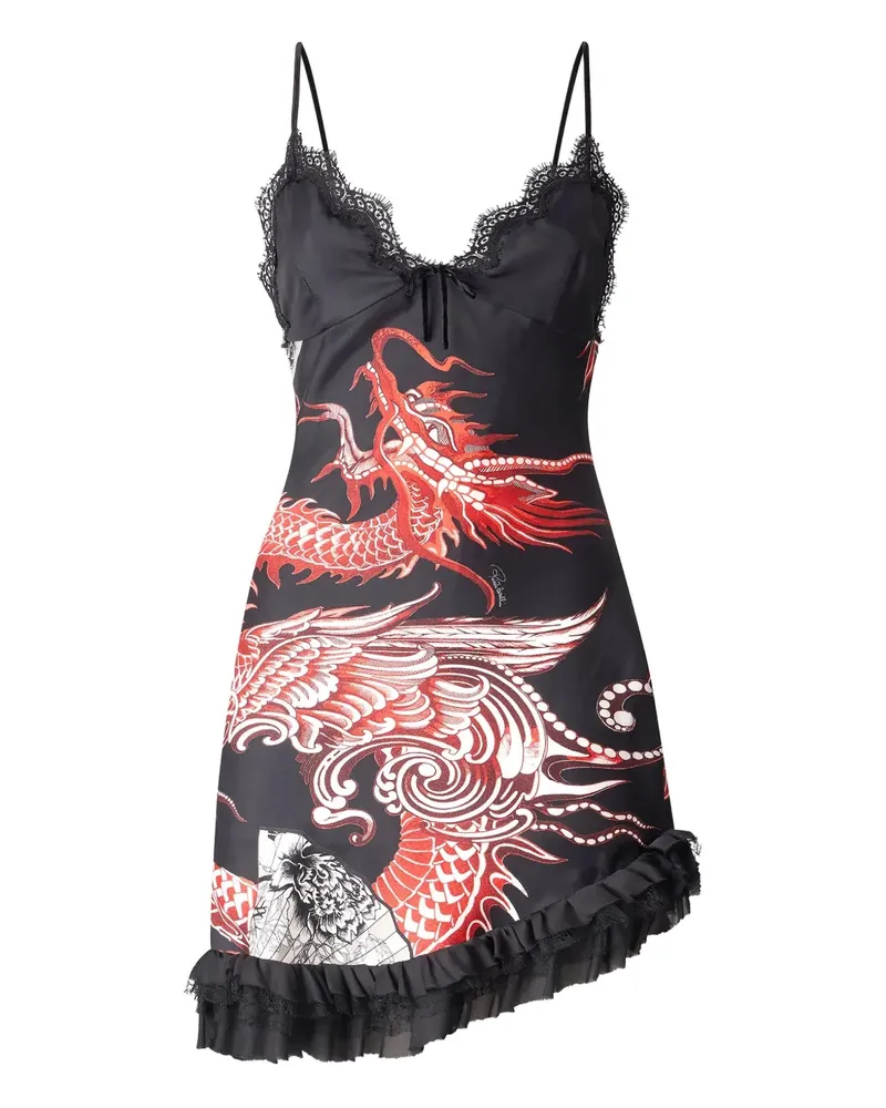 Roberto Cavalli Gerüschtes Minikleid mit Drachen-Print - Schwarz Schwarz