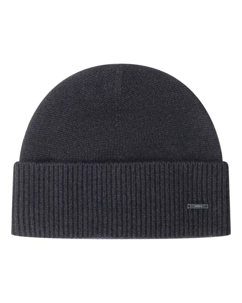 HUGO BOSS logo-plaque ribbed beanie hat - Grau Grau