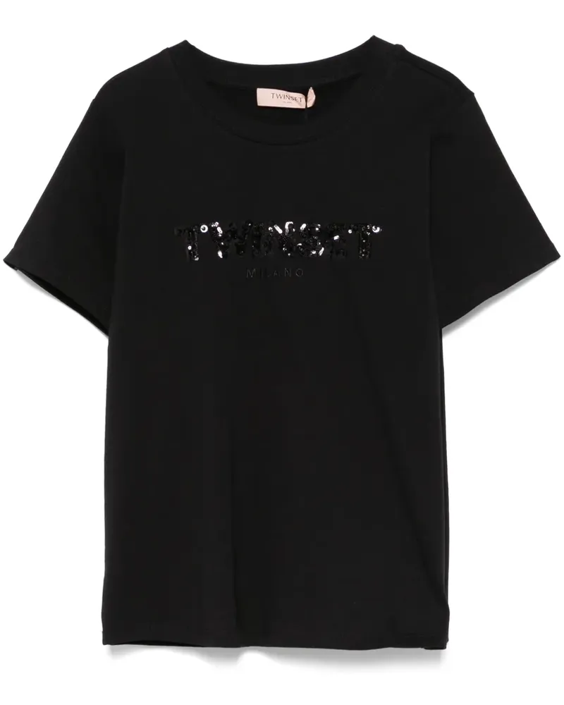 Twin-Set T-Shirt mit Pailletten-Logo - Schwarz Schwarz
