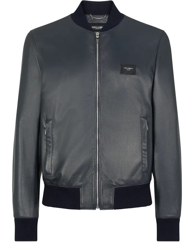 Dolce & Gabbana Bomberjacke aus Leder mit Logo-Schild - Schwarz Schwarz