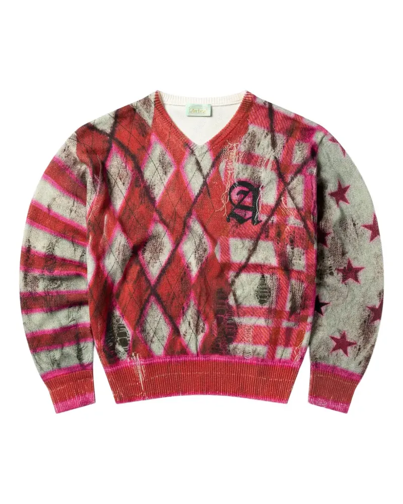 Aries Digi patchwork V-neck sweater - Rot Rot
