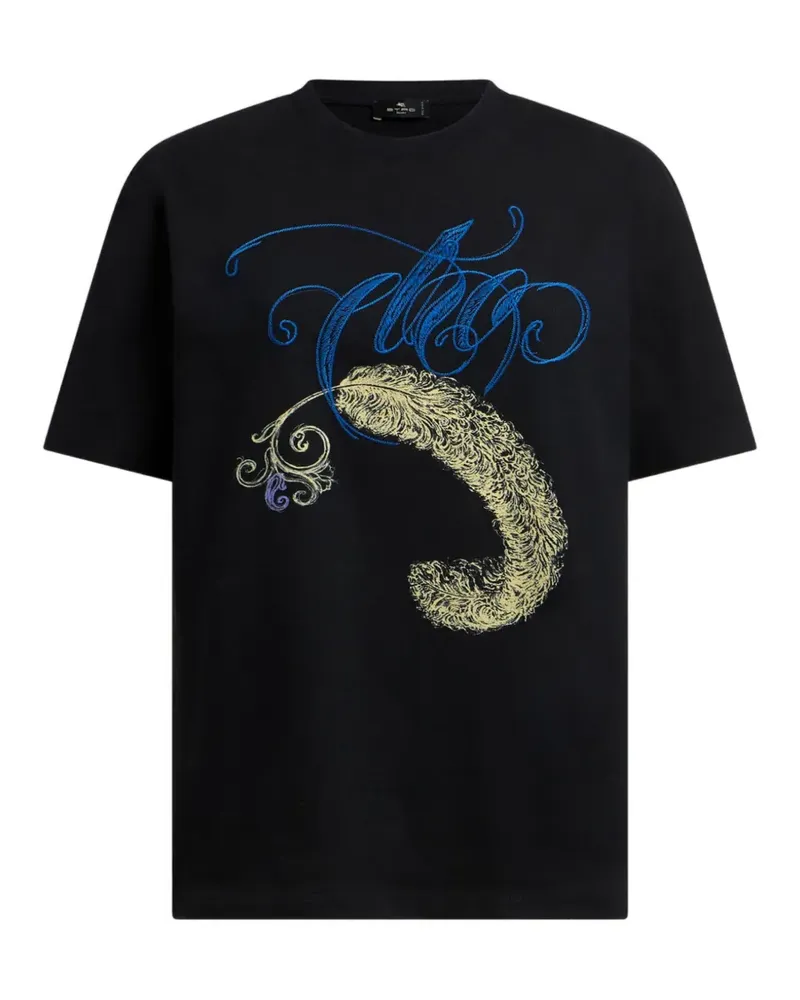 Etro T-Shirt mit Logo-Stickerei und Feder-Print - Schwarz Schwarz