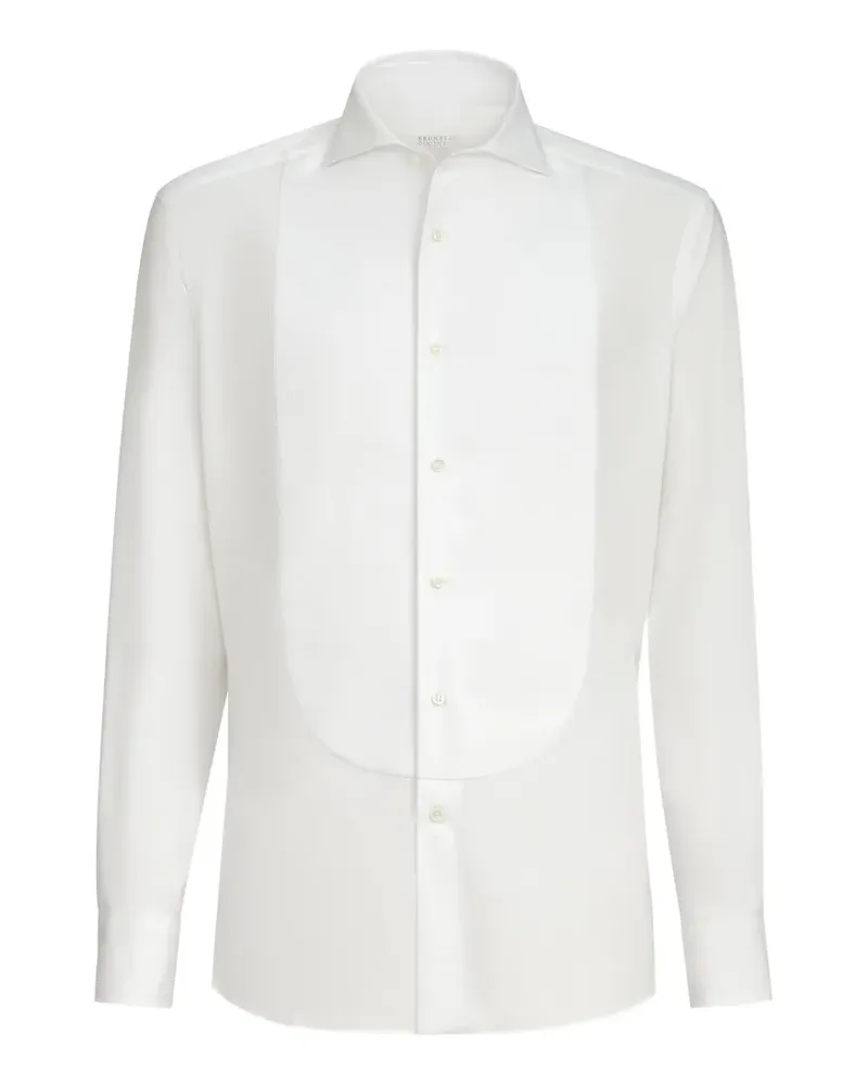 Brunello Cucinelli Sea Island Hemd im Basic-Fit aus Baumwolltwill mit Spitzkragen, Plissee-Einsatz auf der Brust und Plissee-Manschetten. - Weiß Weiß