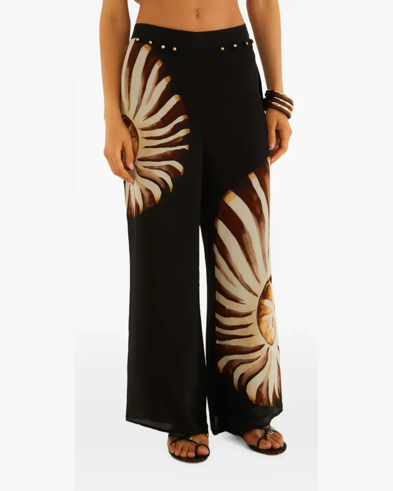 FARM Rio ammonite-print smocked trousers - Schwarz Schwarz