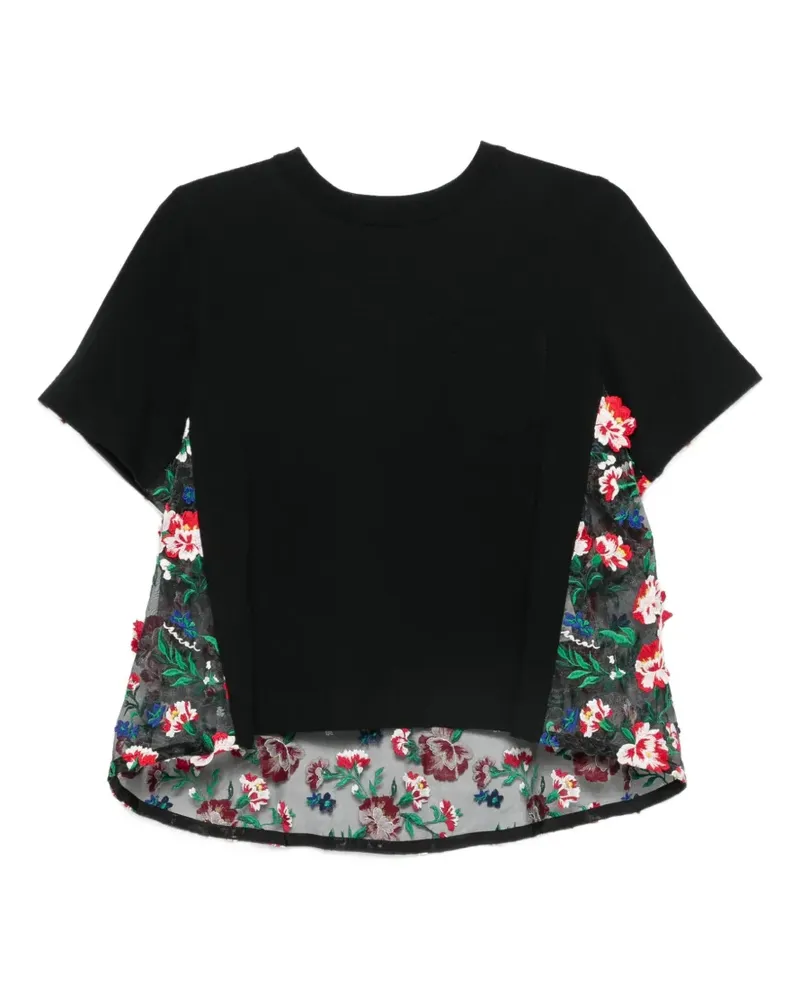 Sacai floral-embroidered T-shirt - Schwarz Schwarz