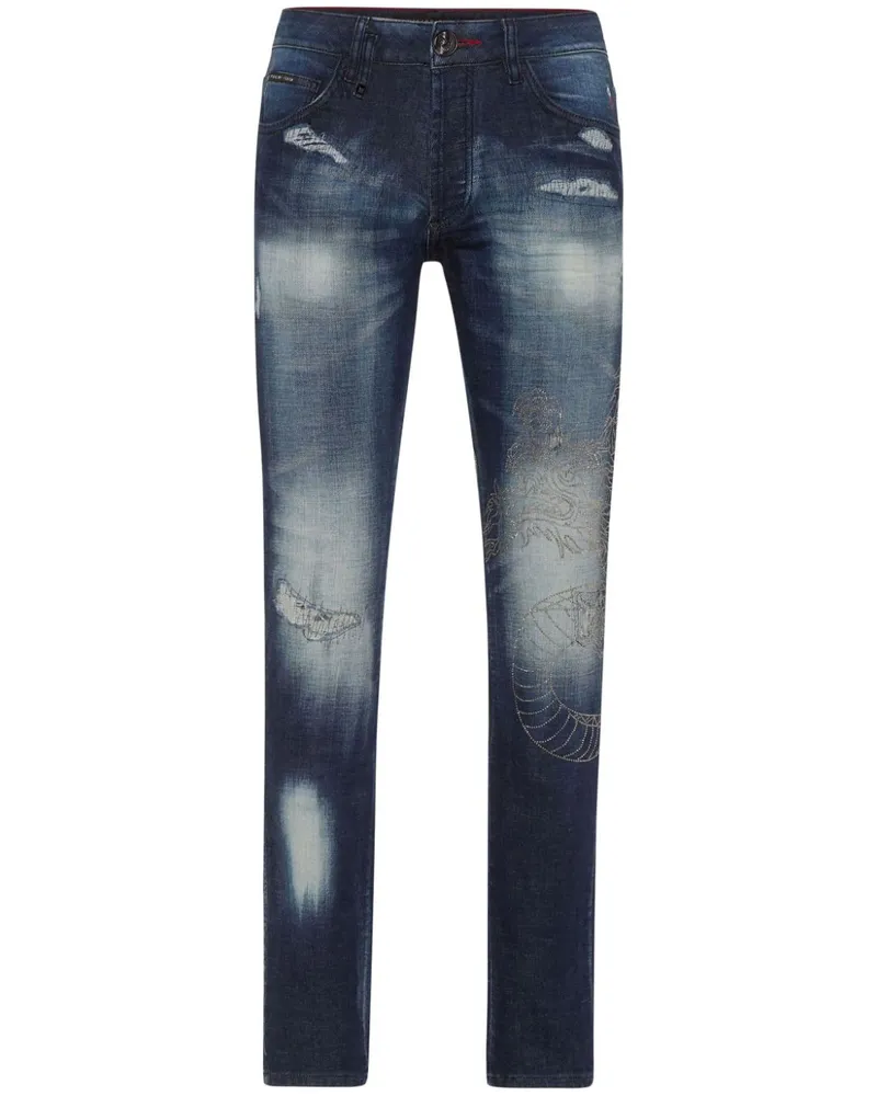 Philipp Plein Super Straight Jeans mit Drachendetail - Blau Blau
