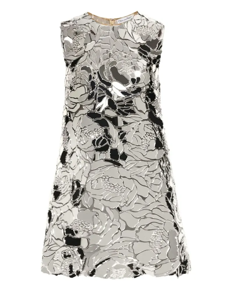Oscar de la Renta Verspiegeltes Minikleid mit Blumen - Silber Silber
