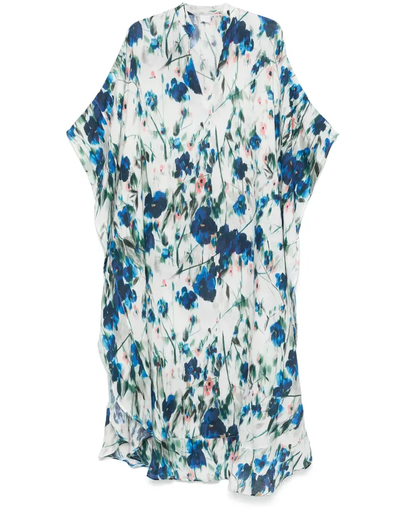 120% Lino Maxikleid mit Blumen-Print - Blau Blau