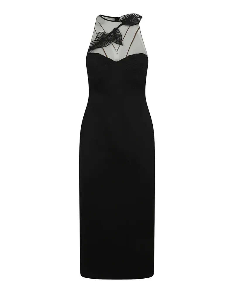 David Koma leaf-appliqué mesh-panel midi dress - Schwarz Schwarz