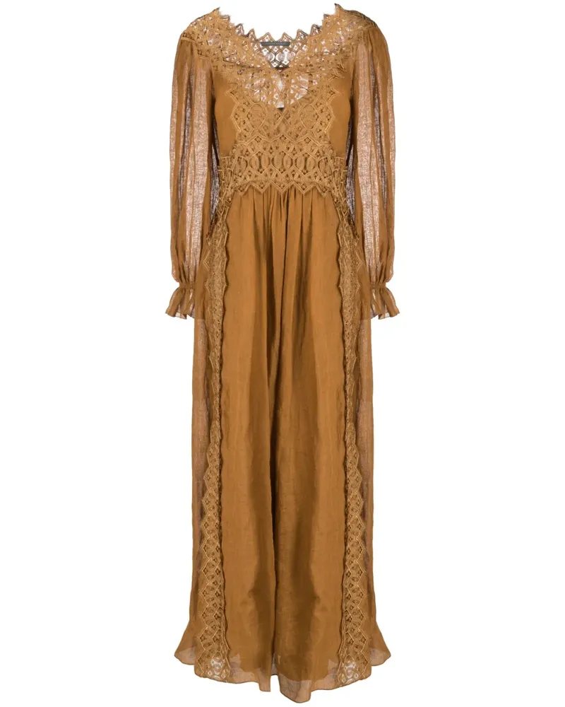 Alberta Ferretti Langes Leinenkleid mit Spitze - Braun Braun