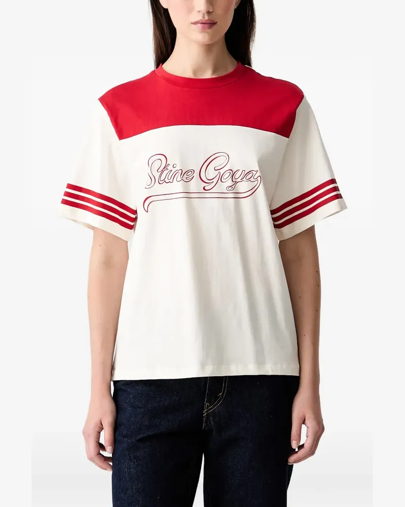 Stine Goya logo-print striped-sleeve T-shirt - Nude Nude