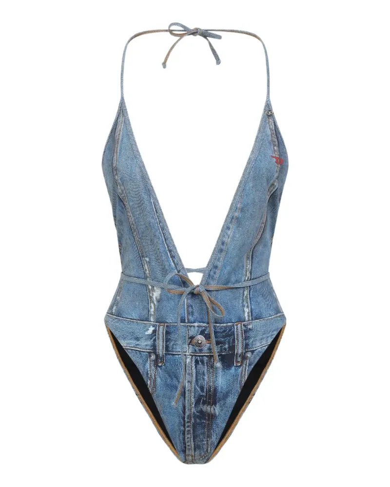 Diesel plunging swimsuit with denim trompe l'oeil - Blau Blau