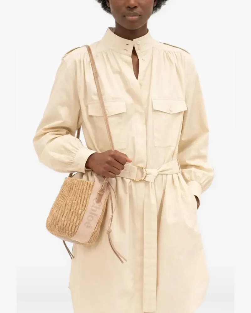 Chloé small Woody logo-tape woven bucket bag - Nude Nude