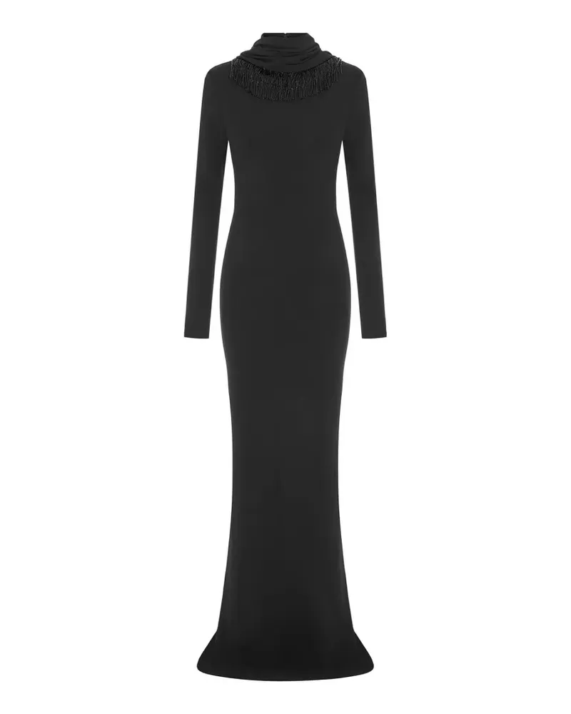 16ARLINGTON Foyle bead-fringed long-sleeved fitted maxi gown dress - Schwarz Schwarz