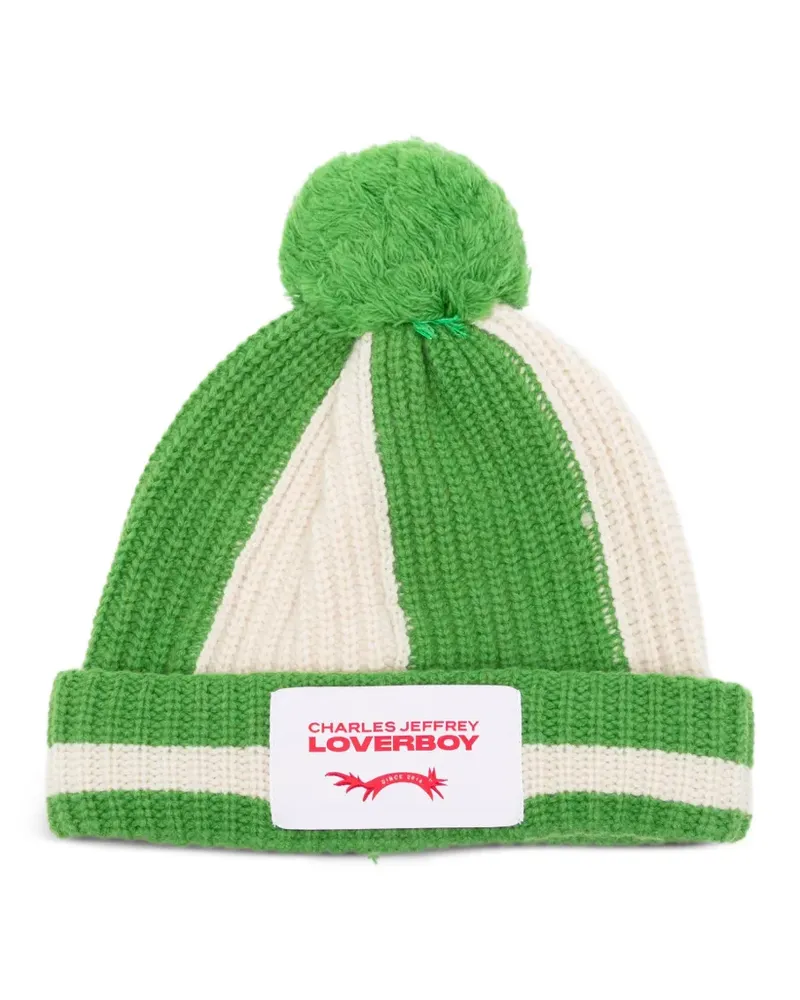 Charles Jeffrey Loverboy striped-print pompom beanie hat - Grün Grün
