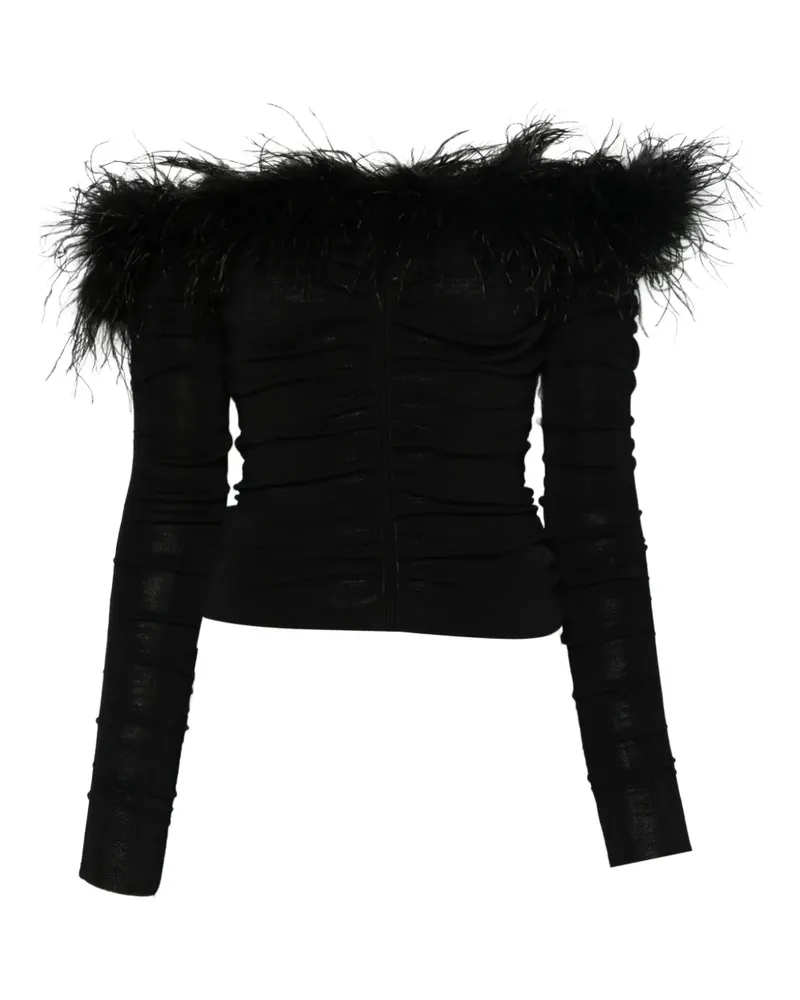 Self-Portrait Gerafftes Oberteil mit Federn - Schwarz Schwarz