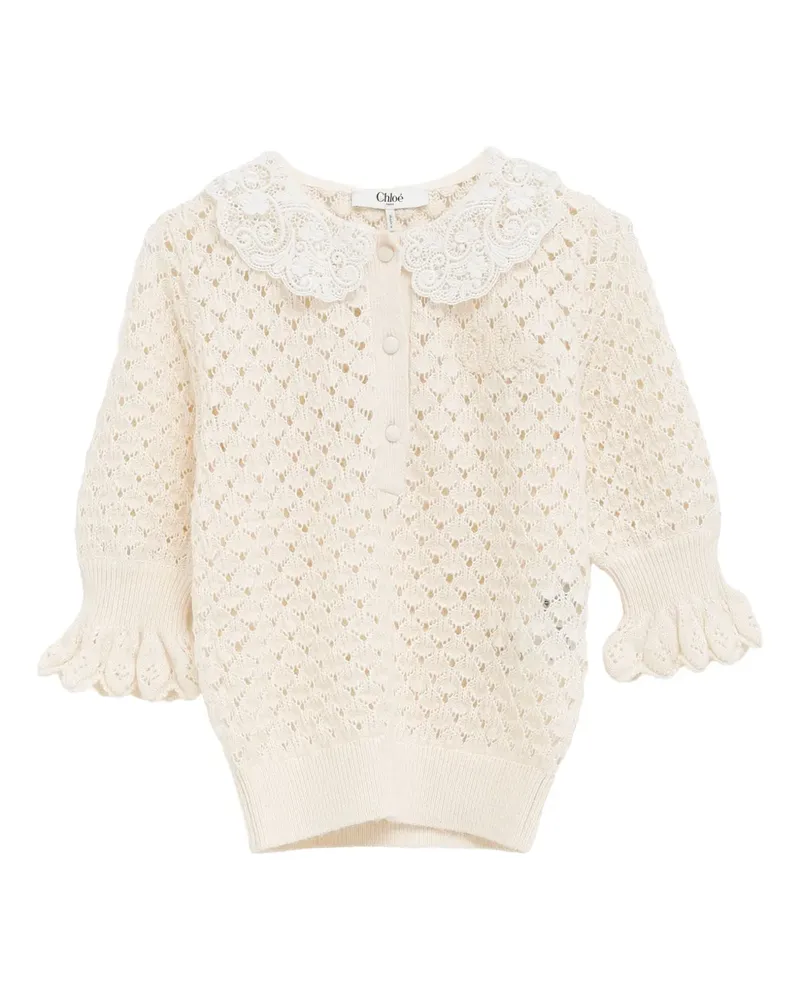 Chloé Lochstrick-Pullover mit Spitzenkragen - Weiß Weiß