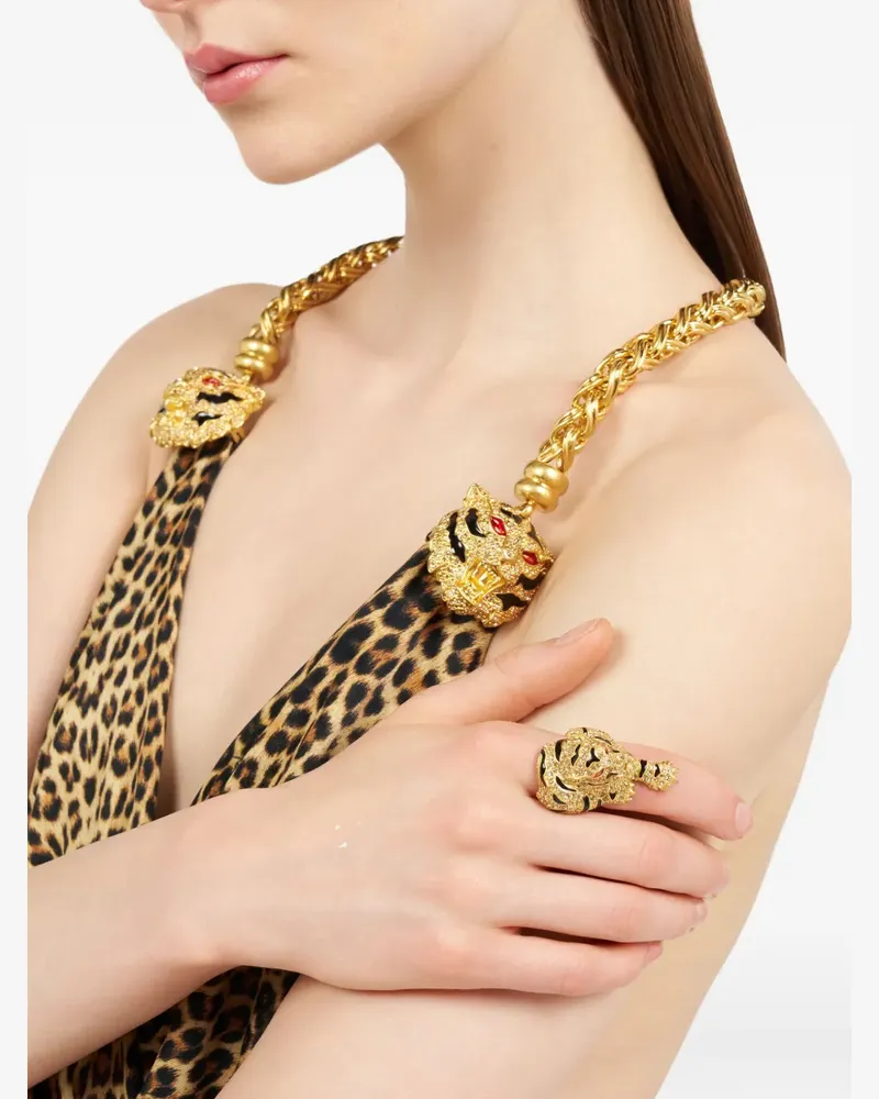 Roberto Cavalli Tiger crystal-embellished ring - Gold Gold