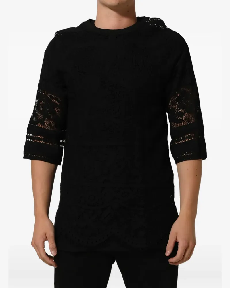 Dolce & Gabbana black cotton floral-lace crew-neck T-shirt - Schwarz Schwarz