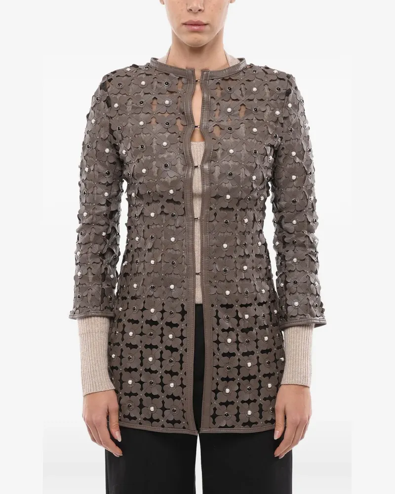 Caban Romantic flower-appliqué lbrown eather coat - Braun Braun