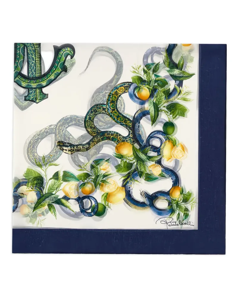 Roberto Cavalli Schal mit Schlangen-Logo und Zitronen-Print - Weiß Weiß