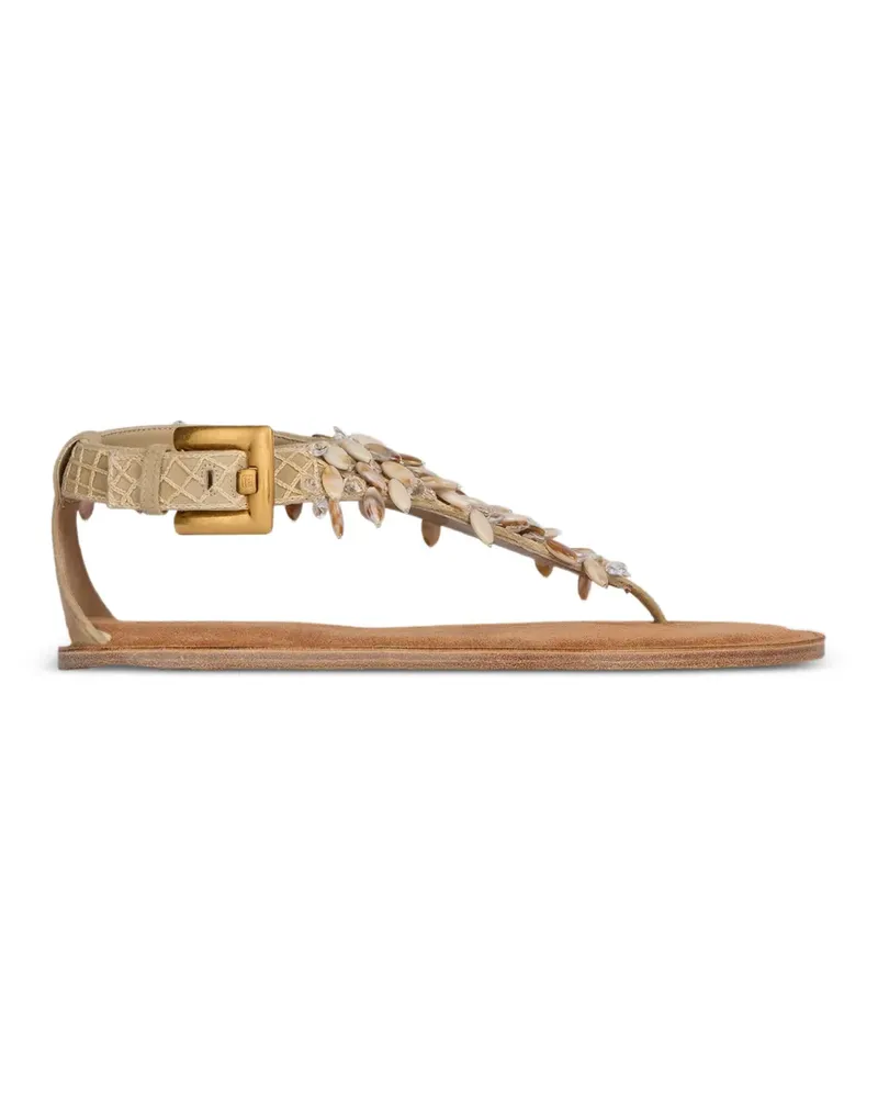 Balmain Flache Sandalen aus Wildleder, Baumwolle und Perlen - Nude Nude