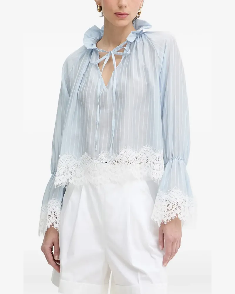 HAVEONE stripe-pattern lace-trim blouse - Blau Blau