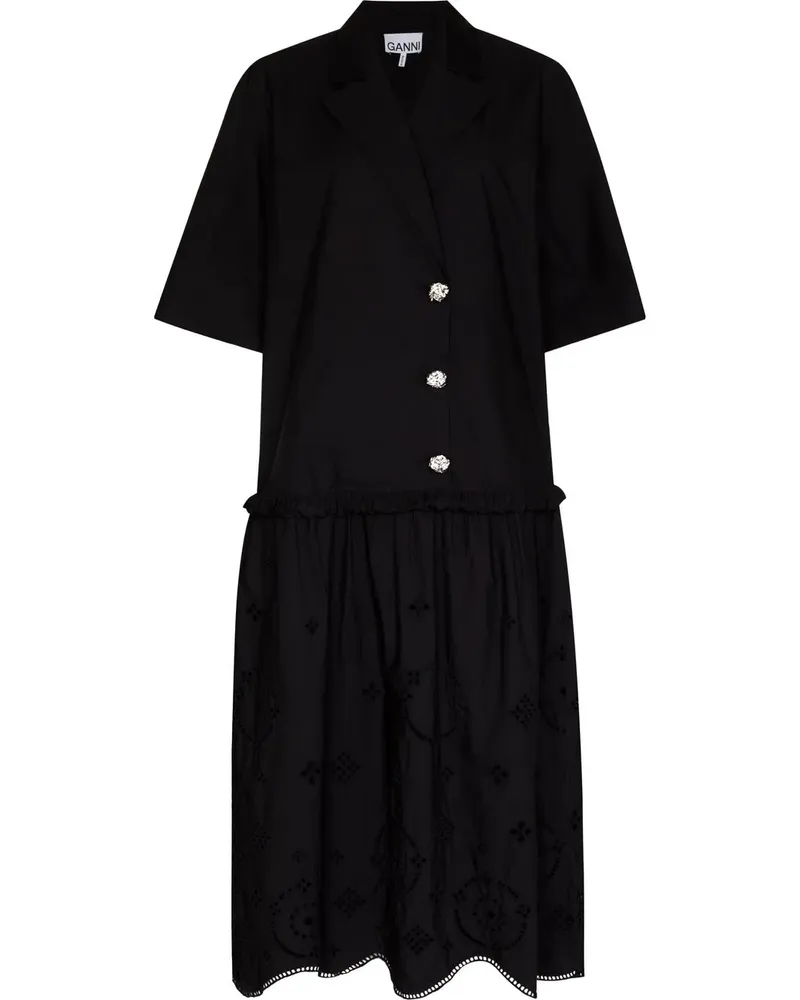 Ganni Hemdkleid mit Lochstickereien - Schwarz Schwarz