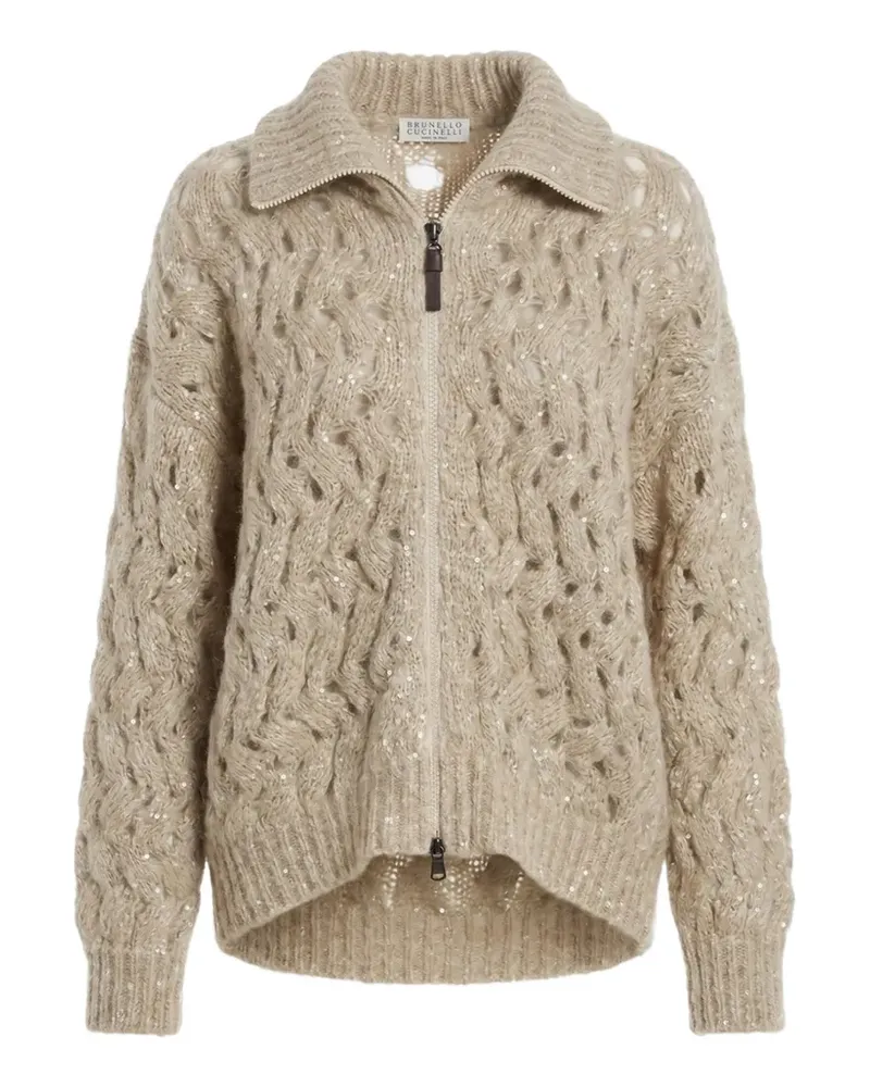 Brunello Cucinelli sequin-embellished cable-knit cardigan - Nude Nude
