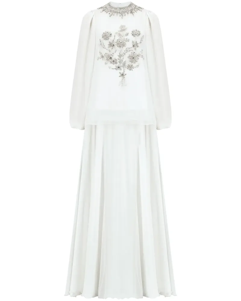 Dina Melwani Besticktes Chiffon-Abendkleid - Weiß Weiß