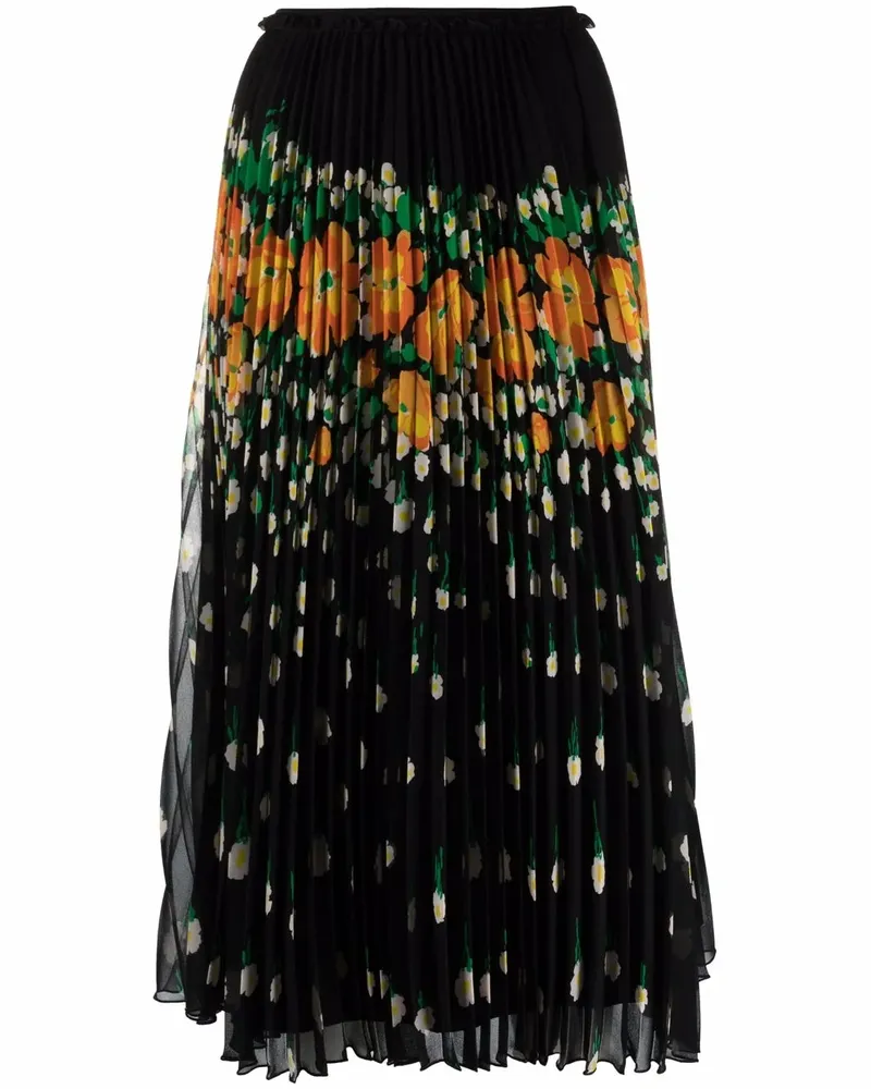 RED Valentino Plissierter Midirock mit Blumen-Print - Schwarz Schwarz