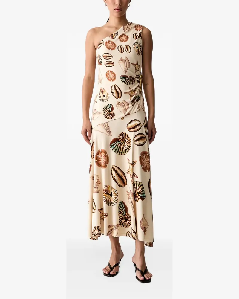 FARM Rio One-Shoulder-Midikleid mit Muschelprint - Nude Nude