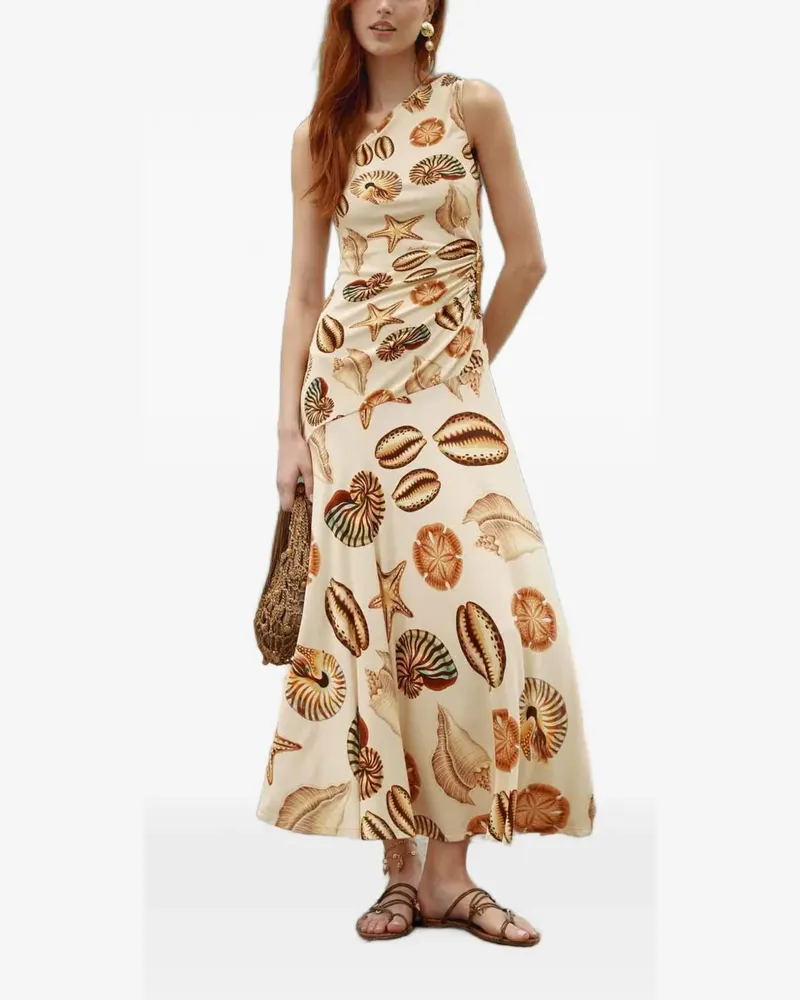 FARM Rio One-Shoulder-Midikleid mit Muschelprint - Nude Nude