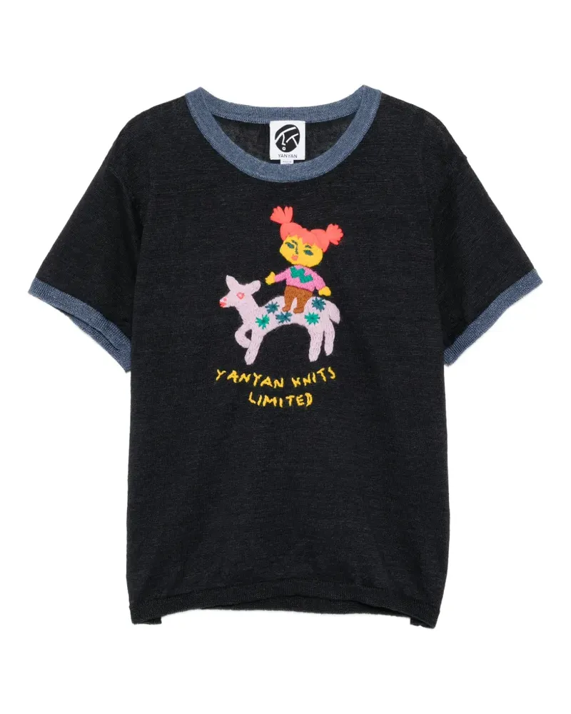 YANYAN KNITS Campus Embroidered Ringer T-Shirt - Schwarz Schwarz