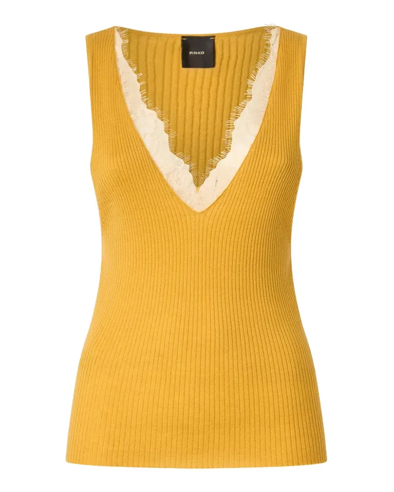 Pinko Geripptes Tanktop mit Spitzenbesatz - Gelb Gelb