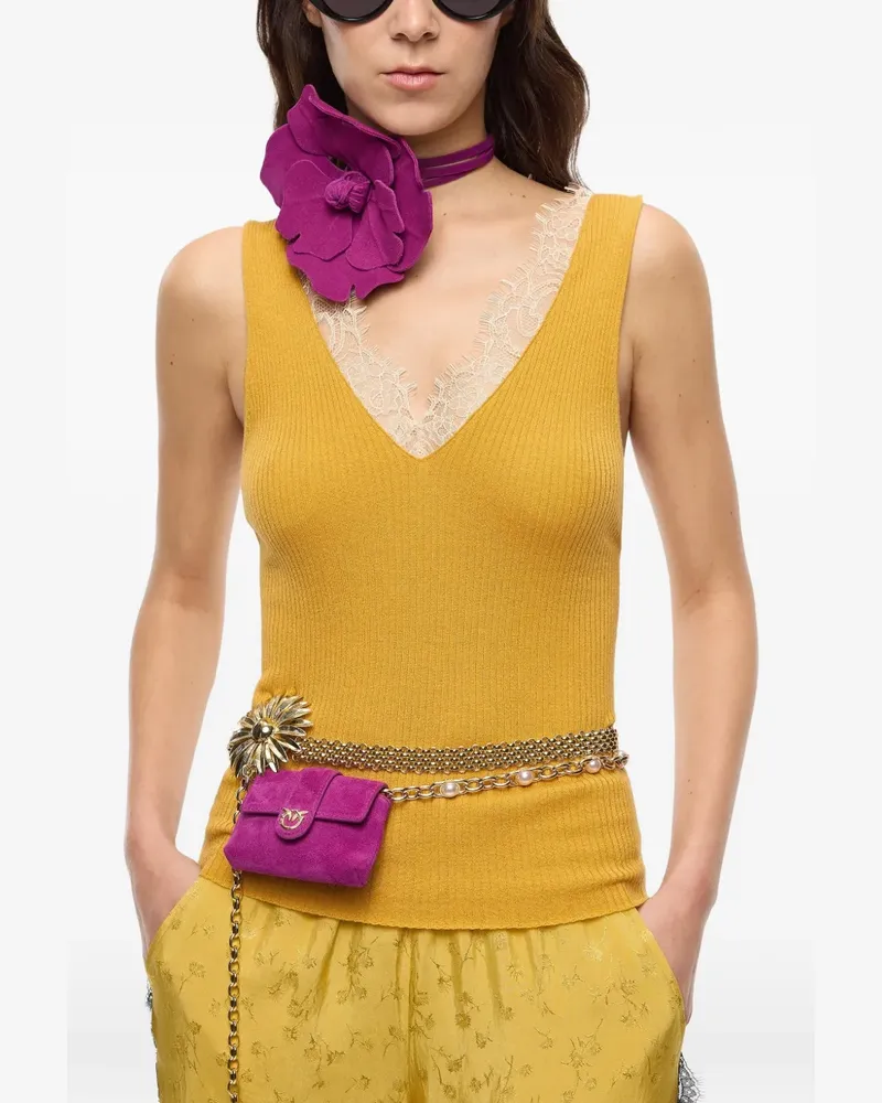 Pinko Geripptes Tanktop mit Spitzenbesatz - Gelb Gelb