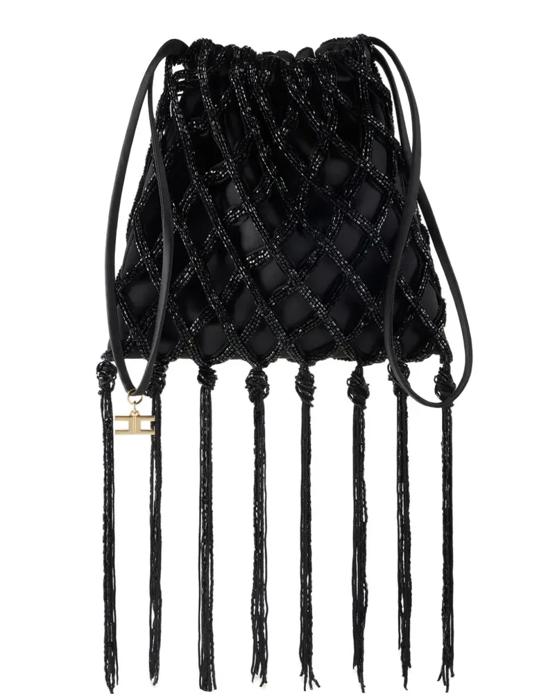 Elisabetta Franchi bead-embellished fringed bucket bag - Schwarz Schwarz
