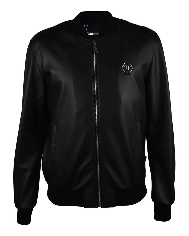 Philipp Plein Leder-Bomberjacke mit sechseckigem Logo - Schwarz Schwarz