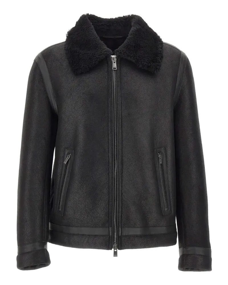 HUGO BOSS grained leather jacket with shearling collar - Schwarz Schwarz