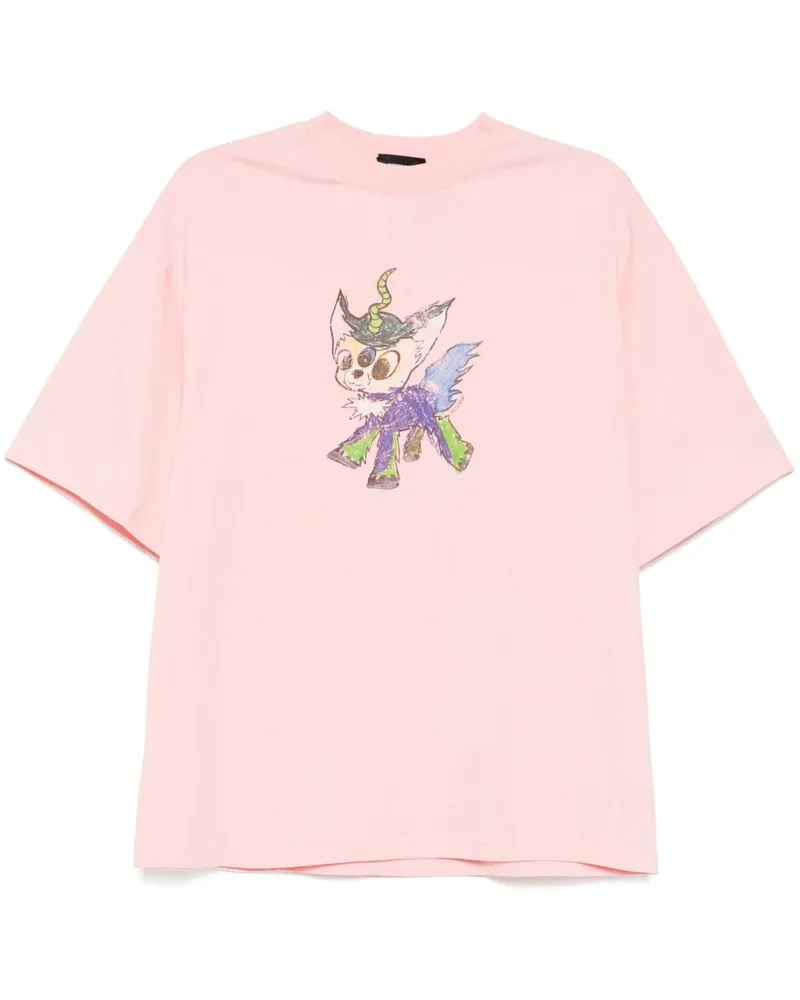 WE 11 DONE Jeff T-Shirt mit Monster-Zeichnung - Rosa Rosa