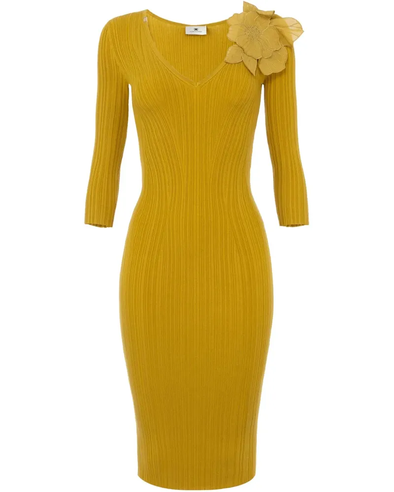 Elisabetta Franchi Geripptes Strickkleid mit Blumenapplikation - Gelb Gelb