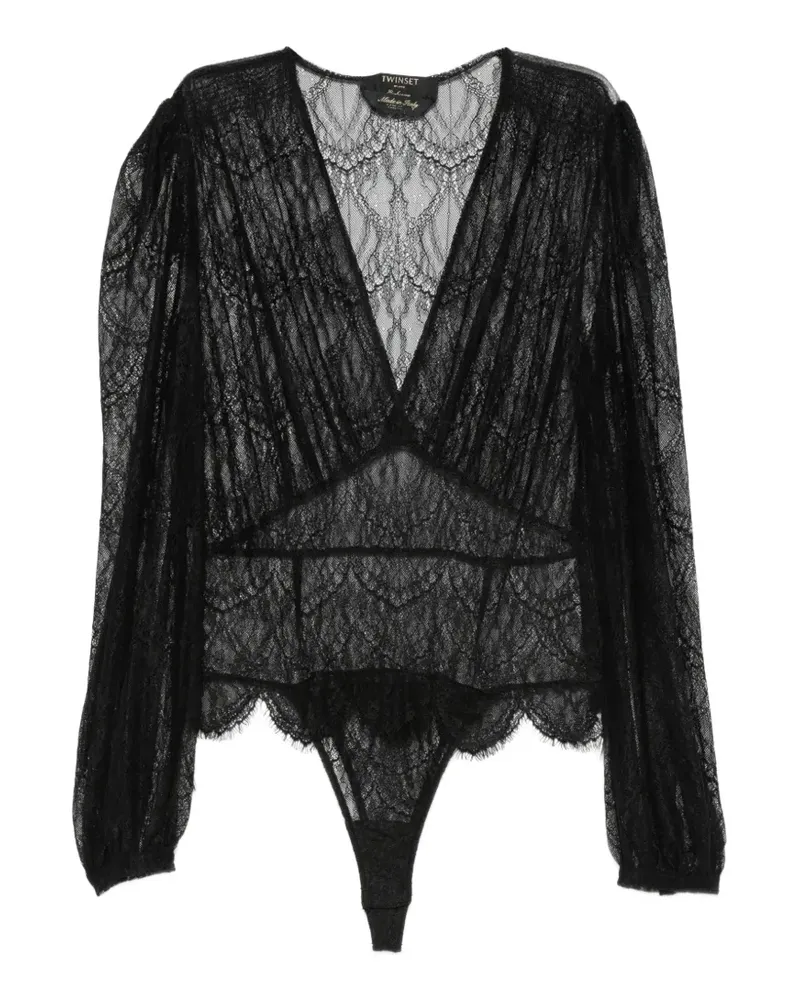 Twin-Set Bluse mit Spitzen-Overlay und Rüschenbesatz - Schwarz Schwarz